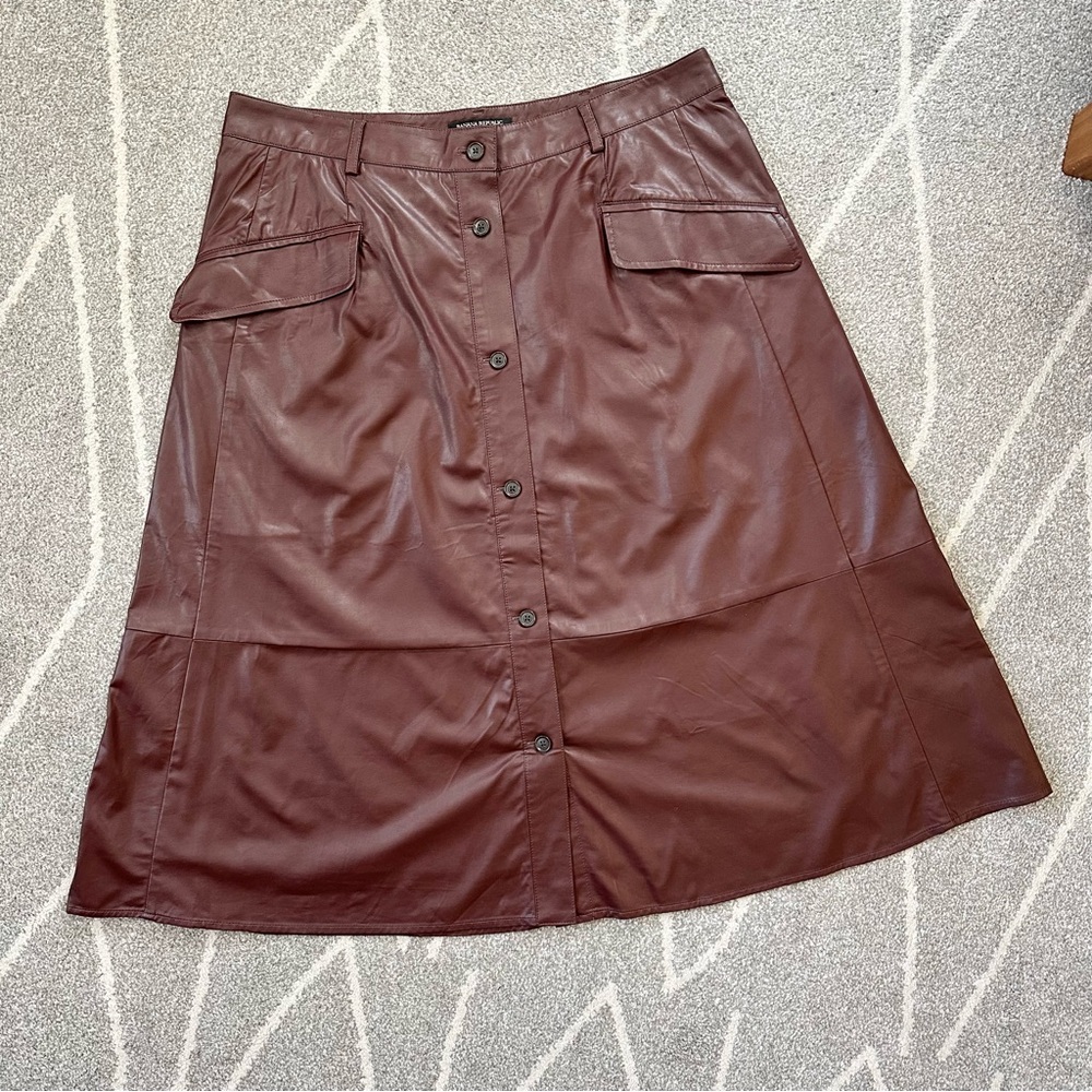 Banana Republic Maroon Faux Leather A-line Button Front MIDI Skirt